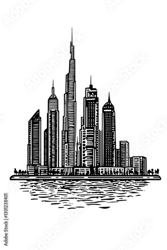 Vector engraved illustration of a modern city skyline with tall skyscrapers and waterfront view