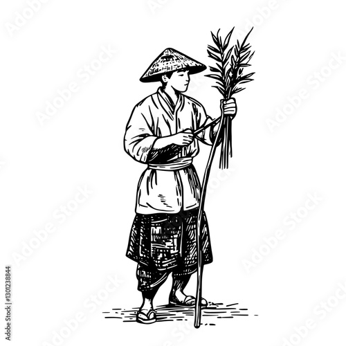 Vector engraved illustration of a farmer harvesting plants in traditional attire