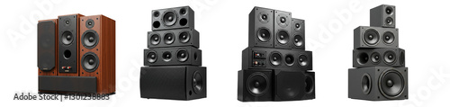 High-quality professional audio speaker system with multiple woofers and tweeters for home theater, music production, and sound engineering on transparent background photo