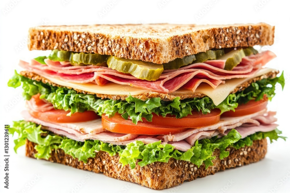 A classic ham and cheese sandwich with lettuce, tomato, and pickles on a bed of whole wheat bread. A classic ham and cheese sandwich with lettuce, tomato, and pickles on a bed of whole wheat bread.