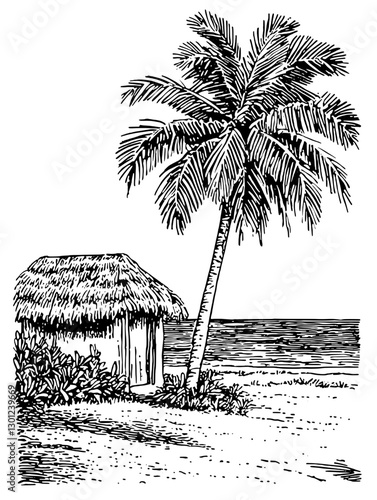 Vector engraved illustration of a tropical beach scene featuring a palm tree and a thatched cottage near the ocean