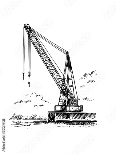 Vector engraved illustration of a construction crane on a worksite with clouds in the background