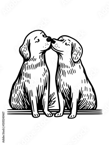 Vector engraved illustration of two dogs sharing a kiss in a playful and affectionate moment