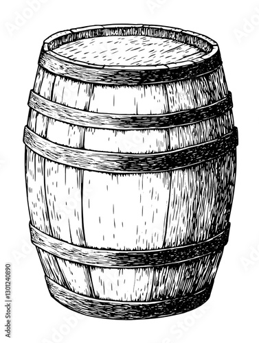Engraved vector illustration of a wooden barrel suitable for product design