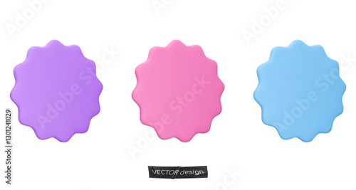 Set stickers, badges mockup. Blank labels of circle shapes with wavy edge. Vector illustration isolated on white. Copy space. Stickers or patches for preview tags, labels, design, presentation, adv