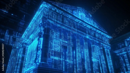A traditional bank building morphing into a digital skyscraper made entirely of glowing blue financial code 