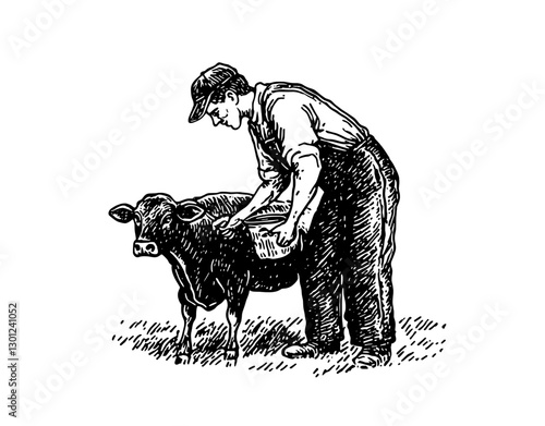 Vector engraved illustration of a farmer milking a cow in a pastoral setting during the day