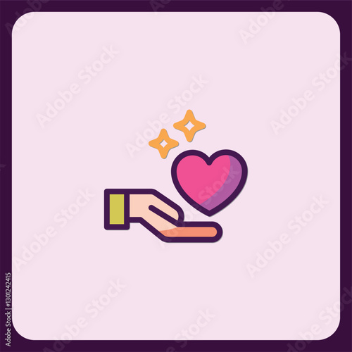 Receiving Love and Care Icon, Heart in Hand with Glowing Stars