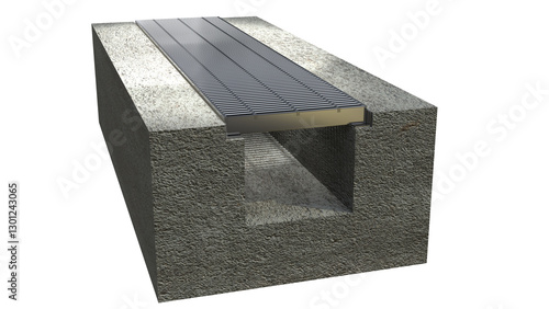 Steel grating installed in a U-shaped gutter created by 3D modeling photorealistic materials and transparent png file. Rainwater drainage trench cover.