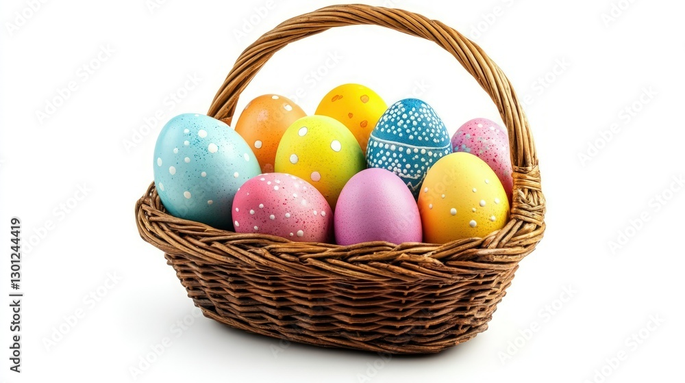 A wicker basket filled with colorful Easter eggs on a white background. A wicker basket filled with colorful Easter eggs on a white background.
