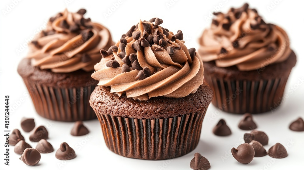 Three chocolate cupcakes with chocolate frosting and chocolate chips on top, against a white background. Three chocolate cupcakes with chocolate frosting and chocolate chips on top, against a white background.