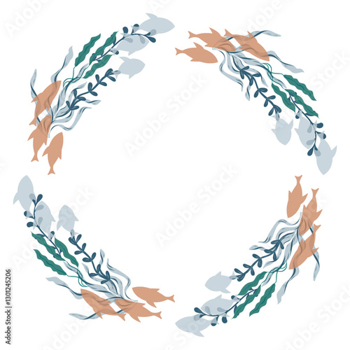 Wreath with school of fish and seaweed, algae