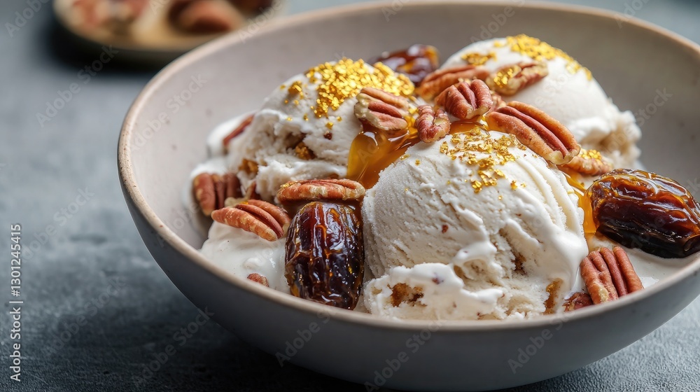 A divine dessert bowl with creamy date ice cream garnished with caramelized pecans