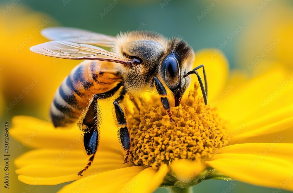 Close-up of a Honey Bee Pollinating a Vibrant Yellow Flower in a Garden Setting, Capturing the Beauty of Nature's Pollinators Close-up of a Honey Bee Pollinating a Vibrant Yellow Flower in a Garden Setting, Capturing the Beauty of Nature's Pollinators