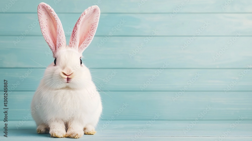 Fototapeta premium Easter Holiday, Easter Concept, Adorable White Bunny Rabbit Sitting on Light Blue Wooden Background Easter Pet