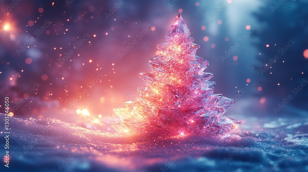 Naklejka premium Abstract surreal Xmas background. Holographic green, mint, pink, blue neon crystal glass Christmas tree. Trendy disco club lighted winter 3D scene. Festive decoration.