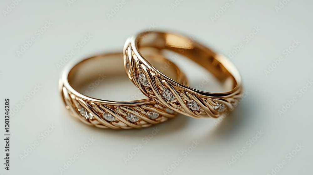 Two gold wedding bands with diamonds, one on top of the other, on a white background. Two gold wedding bands with diamonds, one on top of the other, on a white background.