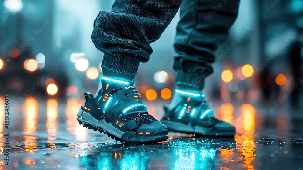 Stylish urban footwear with glowing features, reflecting on a wet street pavement, capturing the essence of modern fashion and vibrant city nightlife in a visually striking composition.