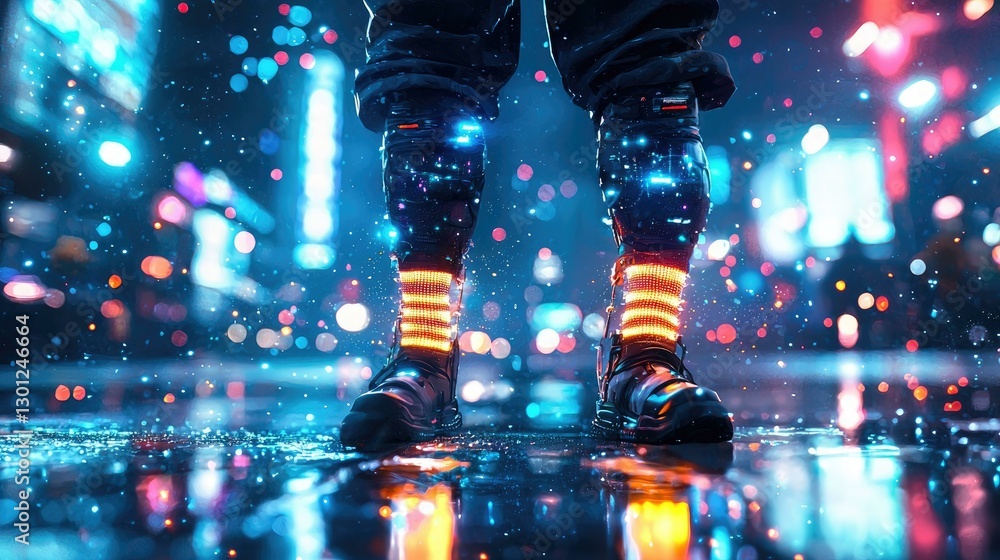 A striking close-up of futuristic sneakers illuminating the urban streets, surrounded by vibrant neon lights reflecting off the wet pavement, creating a captivating atmosphere of a cyberpunk city.