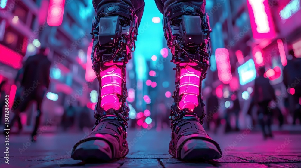 Futuristic urban scene featuring a close-up of cyberpunk legs illuminated by vibrant neon lights, capturing the essence of a bustling, high-tech city at night with a lively atmosphere.