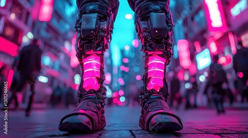Obraz na płótnie Futuristic urban scene featuring a close-up of cyberpunk legs illuminated by vibrant neon lights, capturing the essence of a bustling, high-tech city at night with a lively atmosphere. w salonie