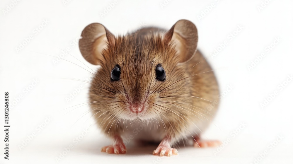 A small brown mouse with large ears and black eyes stares directly at the camera against a white background. A small brown mouse with large ears and black eyes stares directly at the camera against a white background.