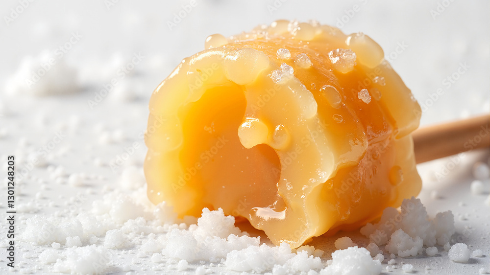 Obraz premium Maple taffy candy on snow - traditional Canadian sweet treat for food blogs, winter festival content, culinary tourism websites, and seasonal dessert photography