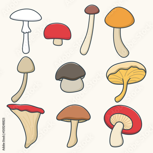 Cartoon mushrooms, autumn mushrooms wild harvest. Forest isolated organic raw, amanita and shiitake. Food and decorative, racy vector clipart