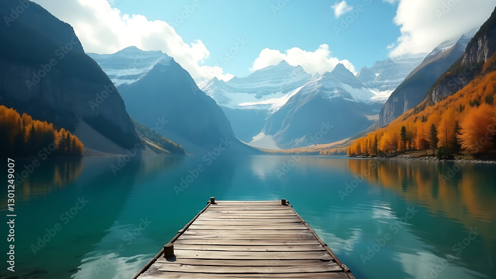 Serene Alpine Lake with Wooden Dock and Majestic Mountains. Serene Alpine Lake with Wooden Dock and Majestic Mountains.