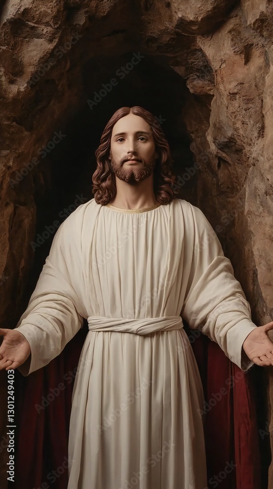 Naklejka premium Easter Holiday, Easter Concept, Serene Statue of Jesus Christ in Cave Setting Religious Art Spiritual Image