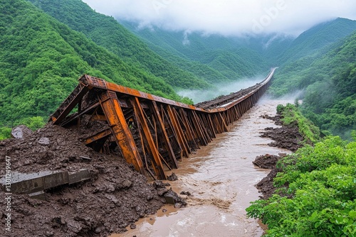 A collapsed bridge after a landslide, leaving travelers stranded on both sides