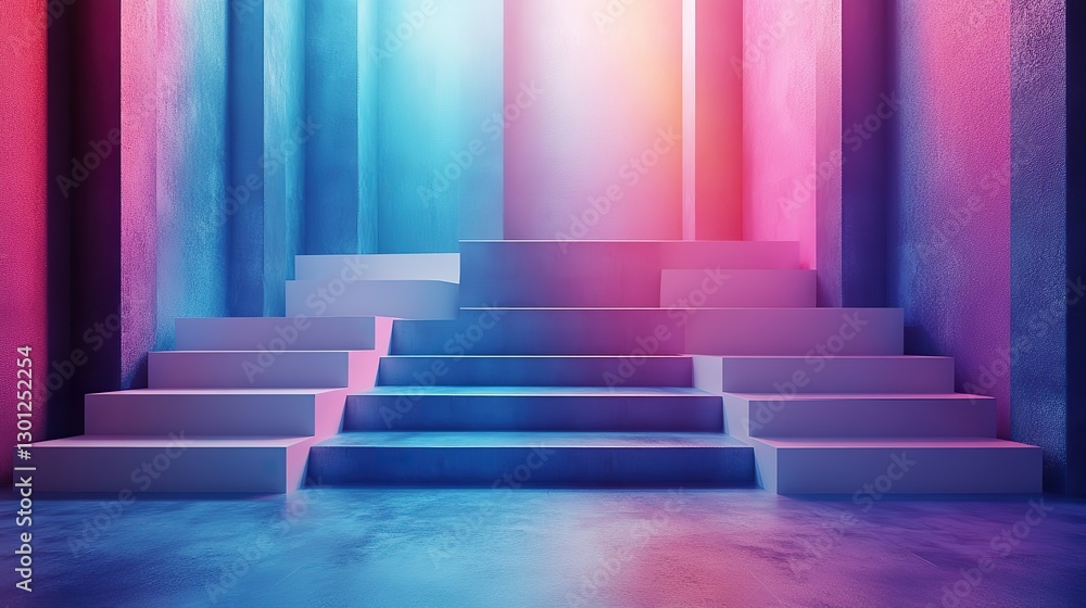 Obraz premium An abstract 3D surreal scene presents an empty stage with white square podiums on a holographic pastel blue background.