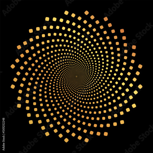 A mesmerizing abstract spiral pattern composed of golden square dots against a stark black background, creating an illusion of depth and motion.