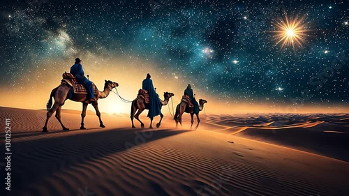 Desert journey, three wise men and camel, starry night