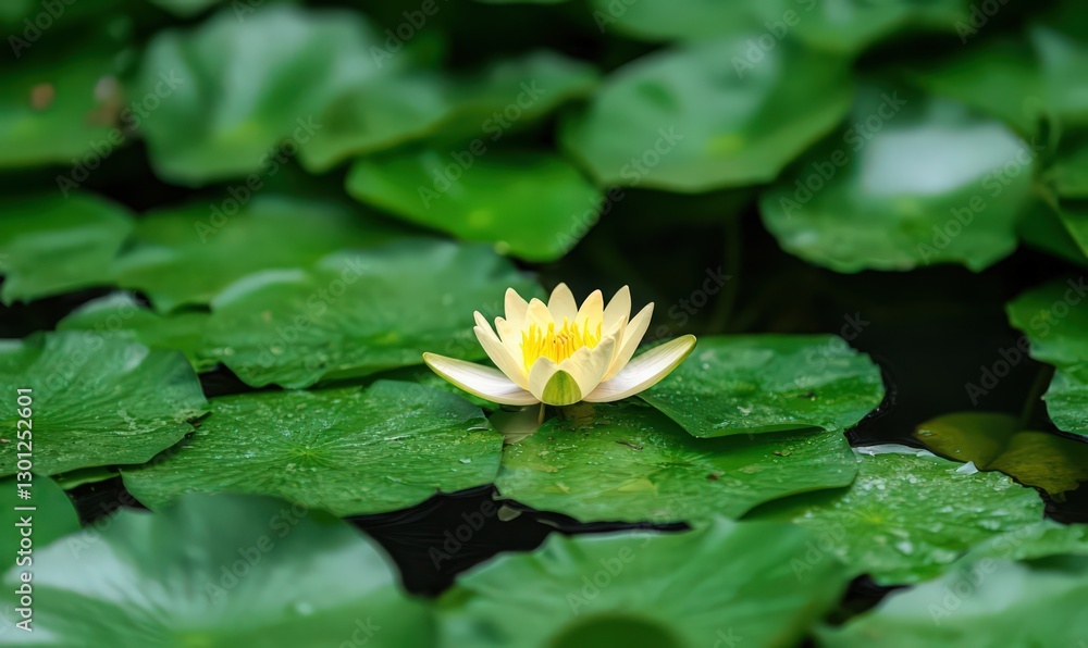 Pale Yellow Water Lily Among Green Lily Pads Pale Yellow Water Lily Among Green Lily Pads