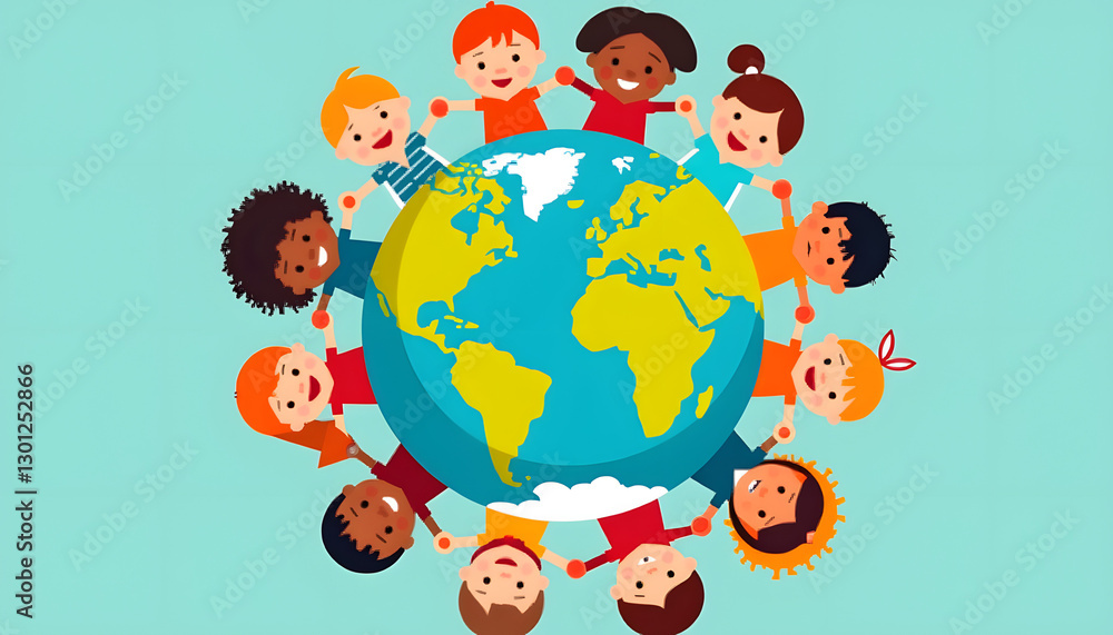 Modern poster celebrating Children's Day, diverse group of children holding hands around the world, bright and friendly design, positive and inclusive theme Modern poster celebrating Children's Day, diverse group of children holding hands around the world, bright and friendly design, positive and inclusive theme