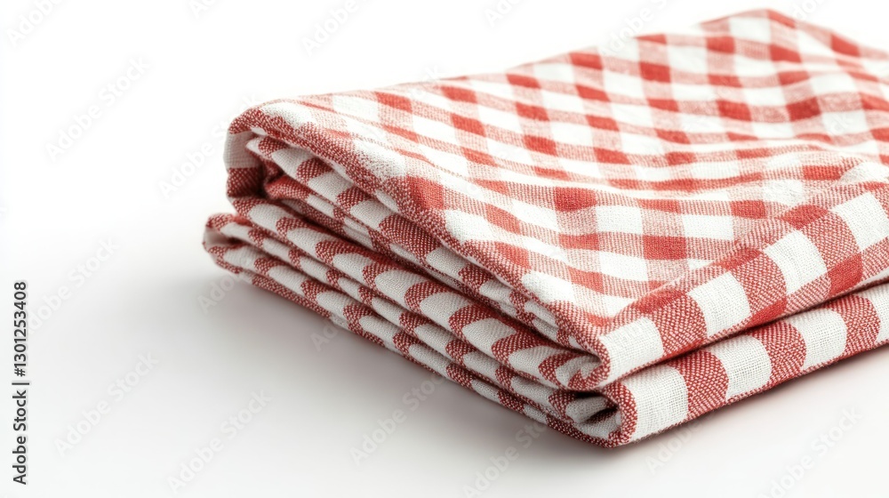 A red and white checkered tablecloth is folded neatly on a white background. A red and white checkered tablecloth is folded neatly on a white background.