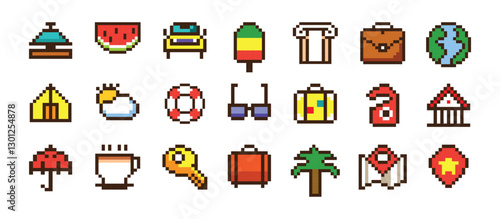 Pixel travel icons set with colorful symbols of tourism and vacation destinations in a minimalistic styleand isolated on a white background. Vector. 