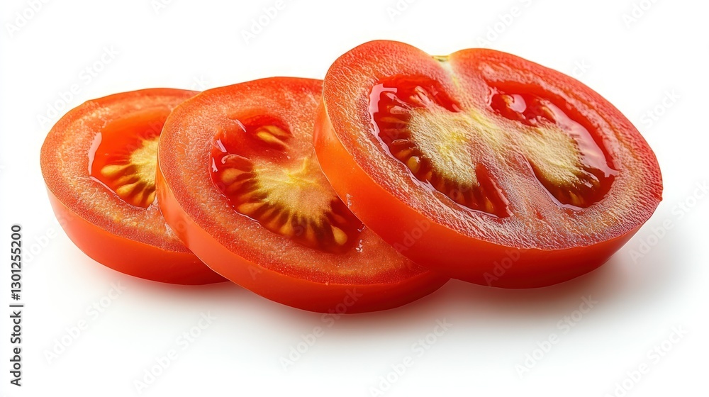 Three slices of red ripe tomato isolated on white background. Three slices of red ripe tomato isolated on white background.