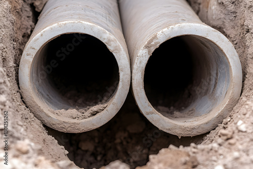 Wallpaper Mural Underground Pipes: A close-up view of two parallel pipes, likely for water or sewage, buried underground, emphasizing utility and infrastructure. Torontodigital.ca