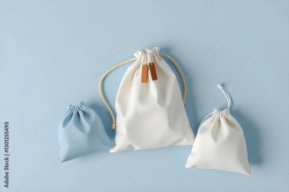 Three White Drawstring Bags of Different Sizes with Small Brown Tag against Light Blue Background Three White Drawstring Bags of Different Sizes with Small Brown Tag against Light Blue Background