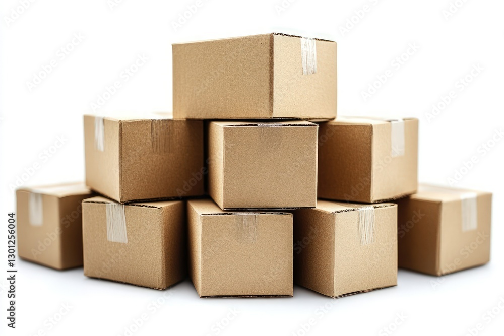 A stack of ten brown cardboard boxes, neatly arranged in a pyramid shape, isolated on a white background. A stack of ten brown cardboard boxes, neatly arranged in a pyramid shape, isolated on a white background.