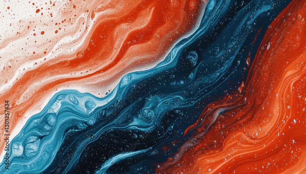 Obraz premium Artistic fluid acrylic painting with deep contrasting hues of navy, fiery red, and soft beige, resembling flowing lava