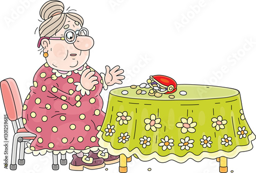 Sad granny sitting at her kitchen table and counting last coins left from monthly pension payment, vector cartoon illustration isolated on a white background