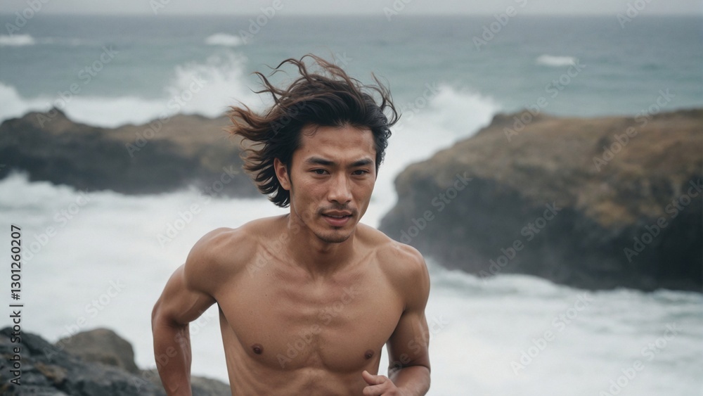 East Asian Male Runner on Coastal Path with Crashing Waves, Dynamic Movement and Oceanic Freedom East Asian Male Runner on Coastal Path with Crashing Waves, Dynamic Movement and Oceanic Freedom