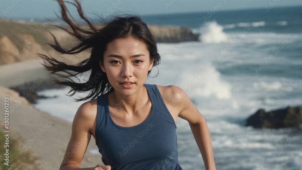 East Asian Female Runner on Windy Coastal Trail, Symbolizing Strength and Untamed Energy East Asian Female Runner on Windy Coastal Trail, Symbolizing Strength and Untamed Energy