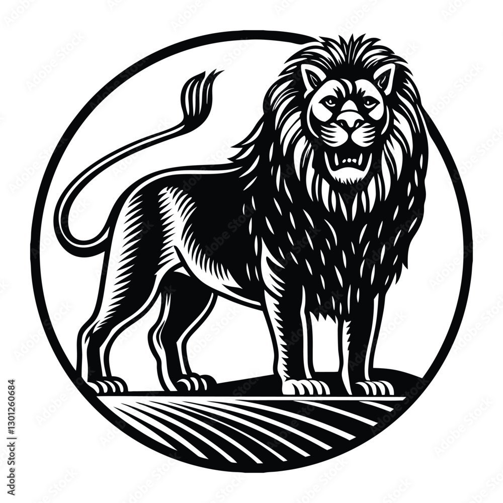 Obraz premium Majestic Lion silhouette vector Illustration in Bold Black and White with a white background, in a round shape.