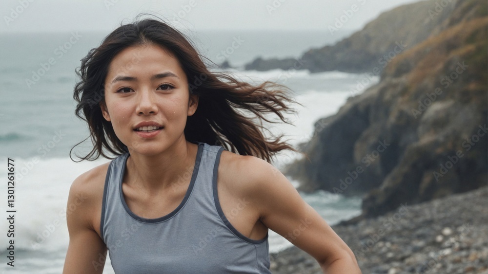 East Asian Female Runner on Windy Coastal Trail, Symbolizing Strength and Untamed Energy East Asian Female Runner on Windy Coastal Trail, Symbolizing Strength and Untamed Energy