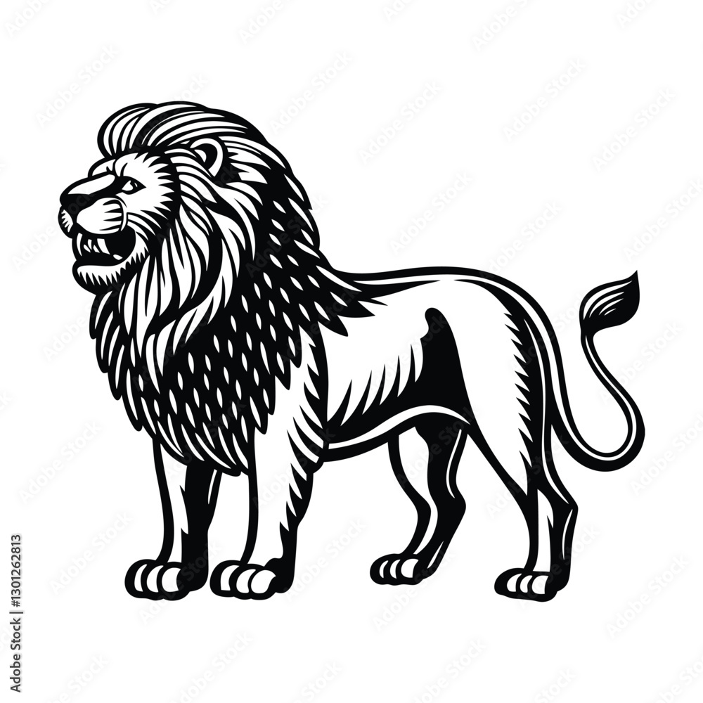 Fototapeta premium Majestic Lion silhouette vector Illustration in Bold Black and White with a white background, in a round shape.