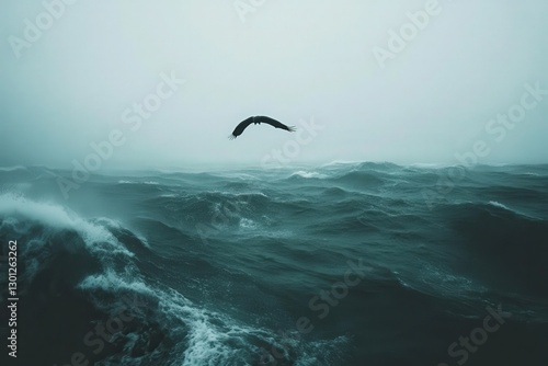 Dark Teal Sea With Large Waves Under Stormy Sky And A Bird In Flight